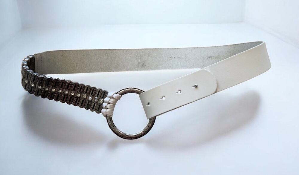 Antoniazzi Firenze White Leather O Ring Belt Italy Rhinestone Silver Wide Size M